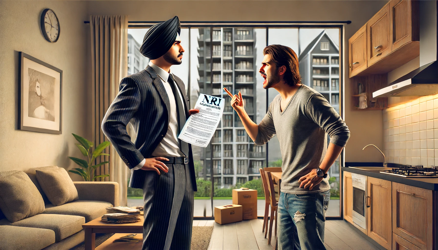 DALL·E 2024 06 13 15.01.20 A scene depicting a Non Resident Indian (NRI) landlord and a tenant in a dispute. The setting is a modern apartment in an urban city. The NRI landlord